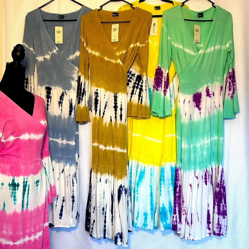 Tie Dye Bell Sleeve Maxi Wrap Dress  / Empire
Line Long Maxi Dress OS